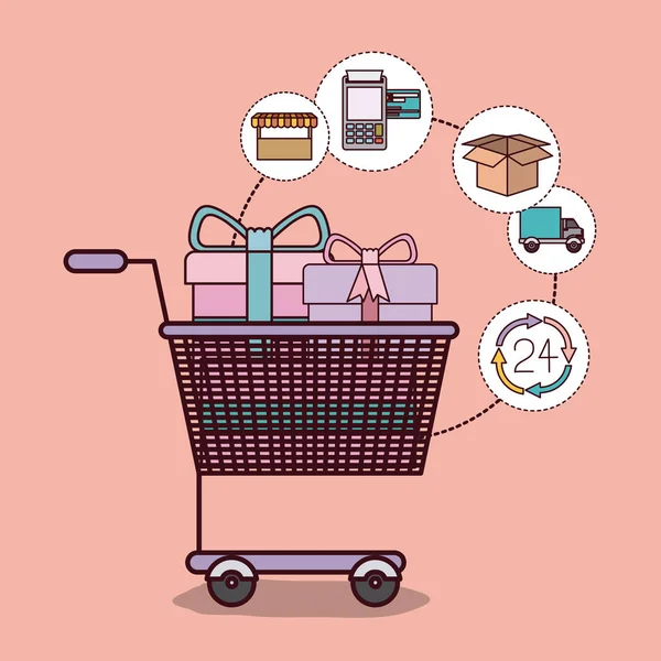 Fondo rosa claro con carrito de compras lleno de regalos — Vector de stock
