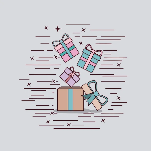 Grijze achtergrond met kartonnen doos en geschenkverpakkingen — Stockvector