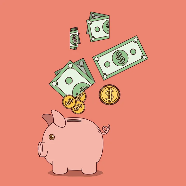 Luz fundo cor de salmão com caixa de dinheiro com notas e moedas caindo sobre ela — Vetor de Stock