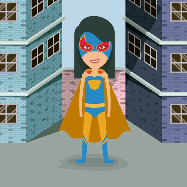 Warna-warni bangunan bata fasad dengan wanita superheroin pakaian dengan rambut lurus - Stok Vektor