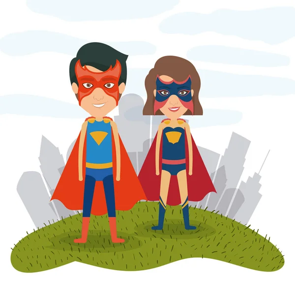 White background city landscape with superhero male and female couple in grass — Stock Vector