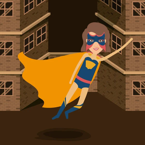 Épületek színes háttér tégla homlokzat superheroin ruhát viselő nő — Stock Vector