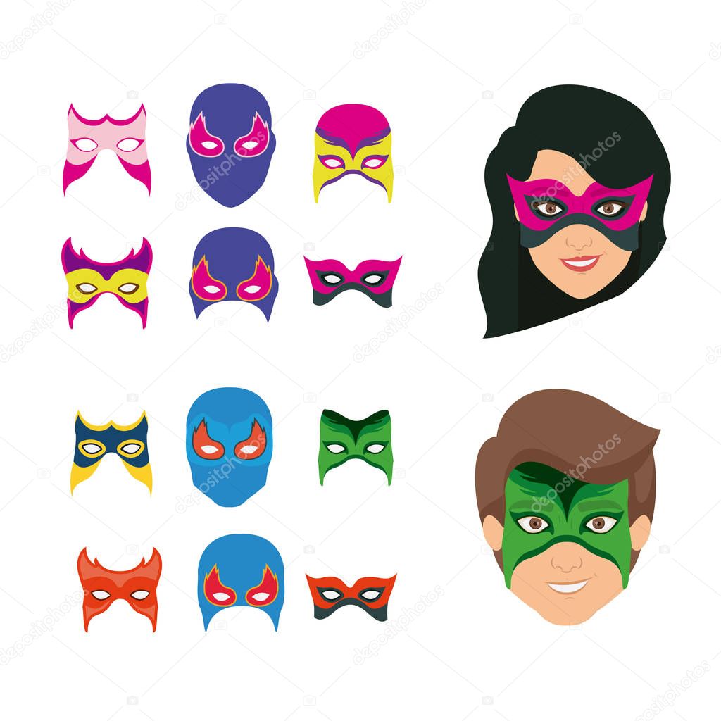 white background set ccollection mask of super hero male and female
