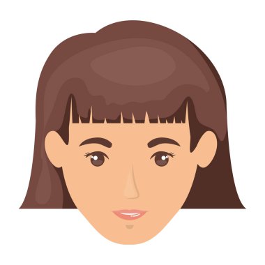 kısa saç stili koyu kahverengi ile kadın yüzü gülen, beyaz arka plan