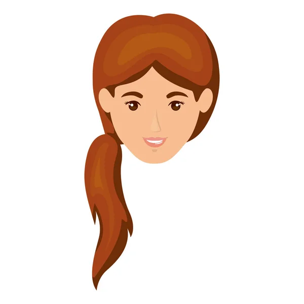 Белый фон улыбающейся женщины лицо с хвостиком волос в коричневом — стоковый вектор