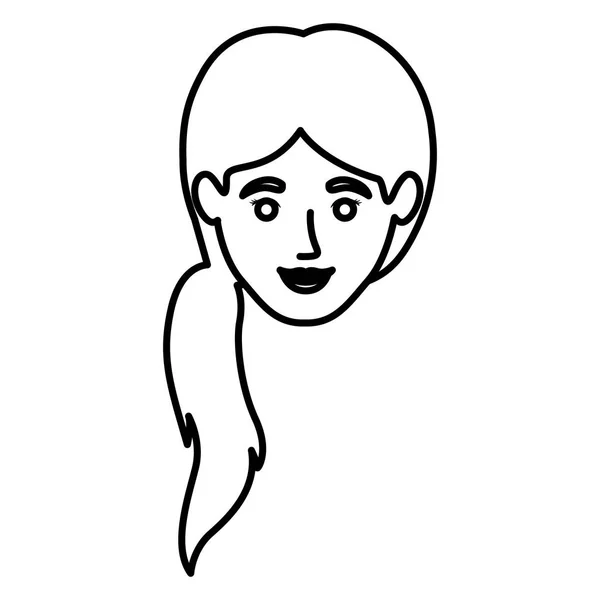 Монохромный контур улыбающегося женского лица с прической из хвоста — стоковый вектор