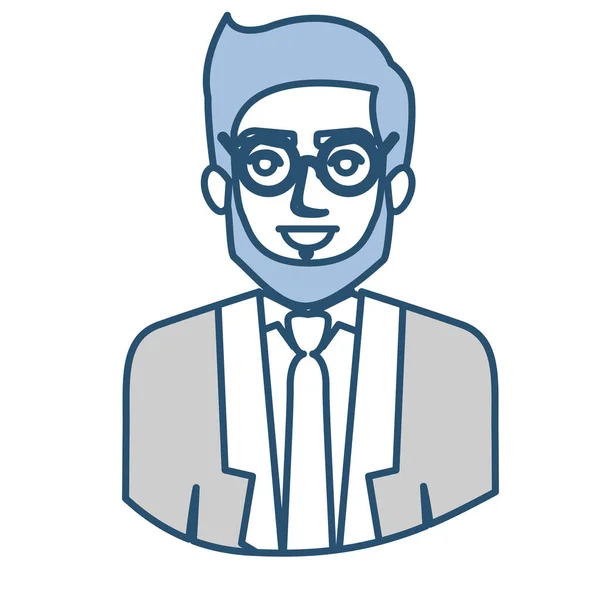 Silhueta azul com meio corpo de homem com barba e óculos e terno formal — Vetor de Stock