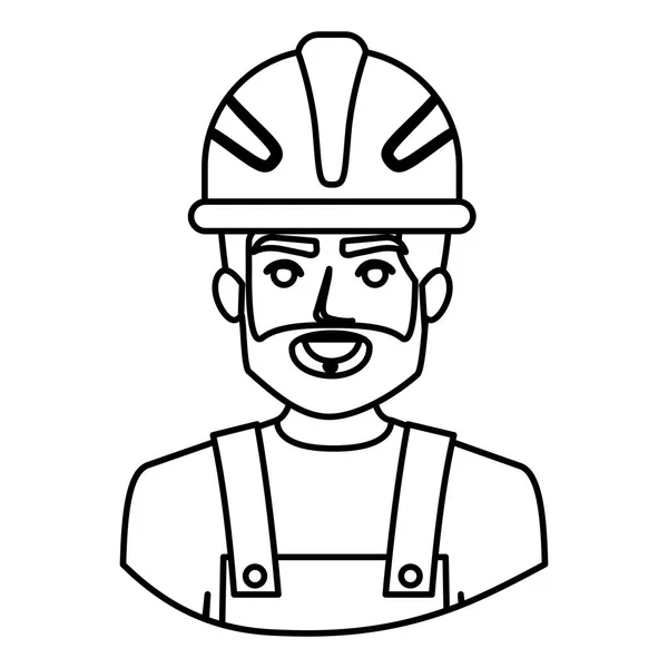 Contour monochrome demi-corps du travailleur masculin barbu avec casque — Image vectorielle