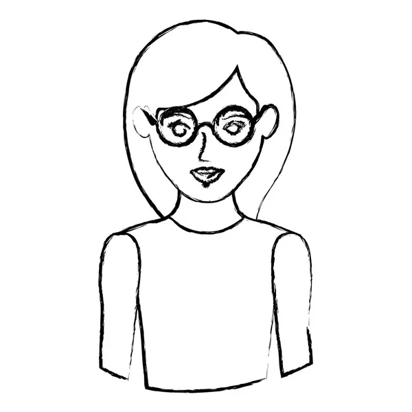 メガネとノースリーブのシャツの女性の半分の体で白黒輪郭 — ストックベクタ
