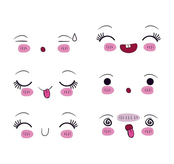 Conjunto de fondo blanco para diferentes expresiones faciales kawaii — Archivo Imágenes Vectoriales