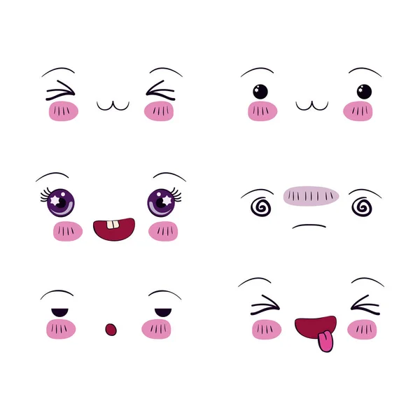 Fundo branco conjunto expressão facial kawaii — Vetor de Stock