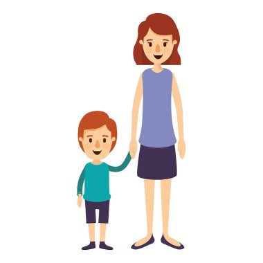 renkli resim karikatür tam vücut anne ile çocuk el ele