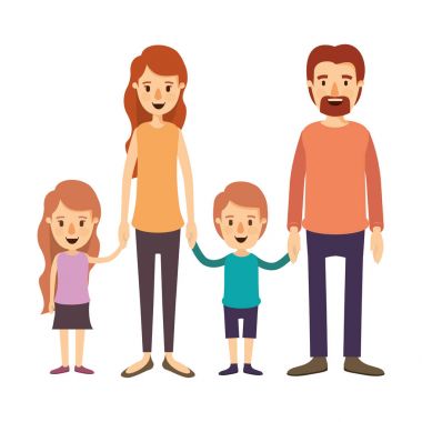 renkli resim karikatür aile grubuyla ebeveynler ve çocuklar el ele