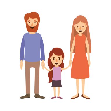 renkli resim karikatür ailesiyle sakallı baba ve anne ile küçük kız eller alınan uzun saçlı