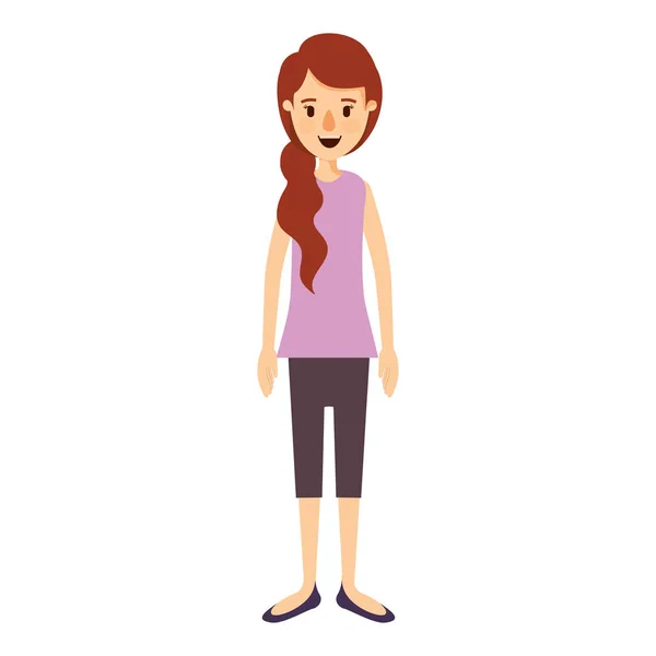 Imagen colorida caricatura cuerpo completo mujer con cola de caballo pelo largo — Vector de stock