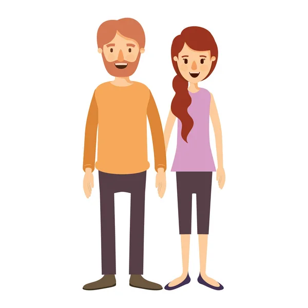 Image colorée caricature plein corps couple femme avec queue de cheval côté cheveux et homme en vêtements décontractés — Image vectorielle