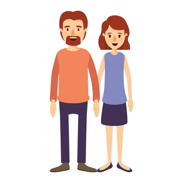 Imagen colorida caricatura cuerpo completo pareja mujer con el pelo corto ondulado en falda y hombre en ropa casual — Vector de stock