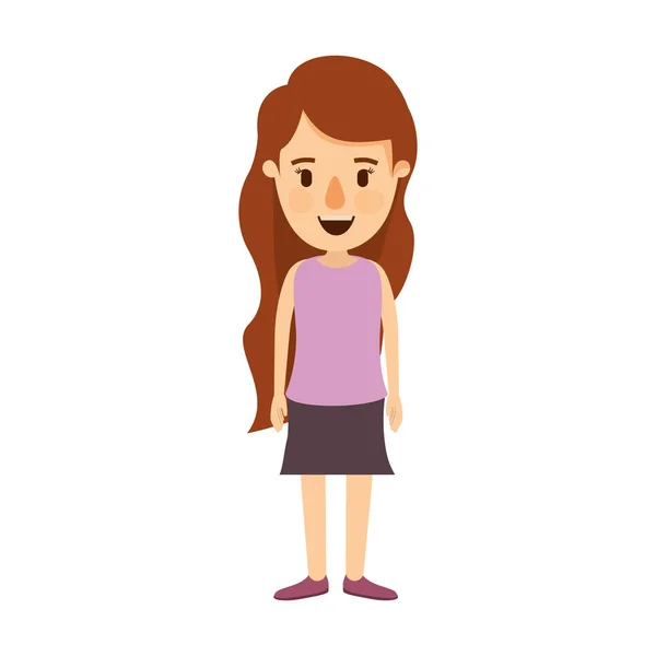 Färgglada bilden karikatyr hela kroppen kvinna med vågig långt hår i kjol — Stock vektor