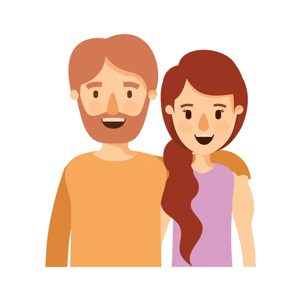 Colorful image caricature half body couple woman with ponytail side hair and bearded man — Stock Vector