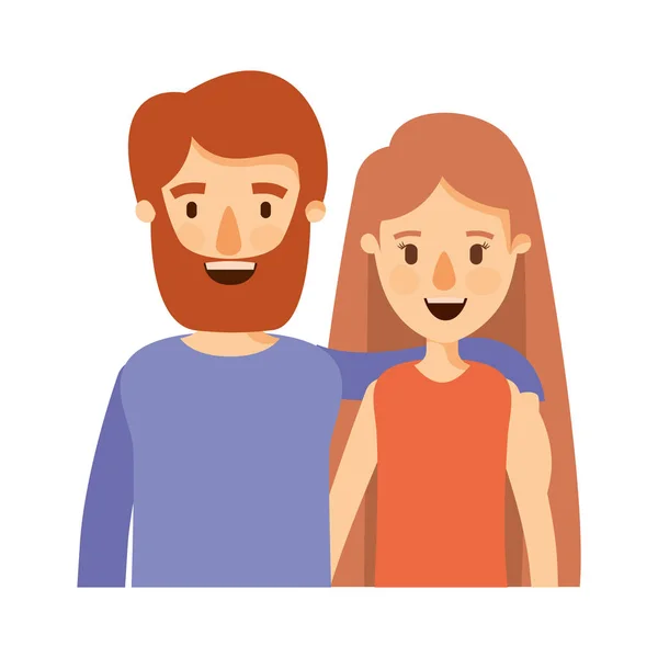 Colorful image caricature half body couple woman with long hair and bearded man — Stock Vector