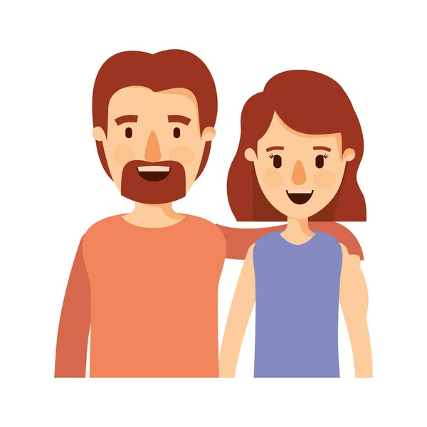 Imagem colorida caricatura metade corpo casal mulher com cabelo curto e homem barbudo —  Vetores de Stock