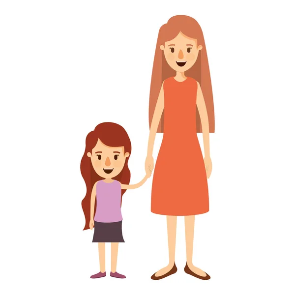 Imagem colorida caricatura corpo inteiro mãe no vestido tomado a mão com a menina — Vetor de Stock