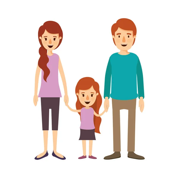 Immagine colorata caricatura famiglia con giovane padre e mamma con capelli coda di cavallo laterale con bambina prese le mani — Vettoriale Stock