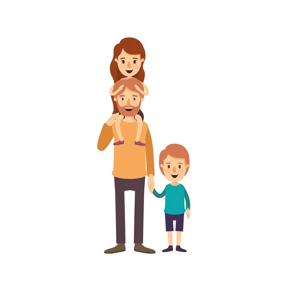Colorido imagem caricatura barbudo pai com menina em suas costas e menino tomado mãos — Vetor de Stock