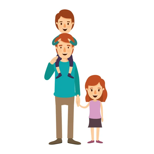 Färgglada bilden karikatyr unga far med pojke på hans rygg och flickan tagit händer — Stock vektor