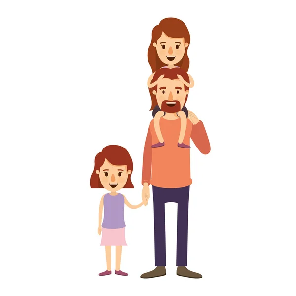 Immagine colorata caricatura papà con figlia sulla schiena e la ragazza prese le mani — Vettoriale Stock