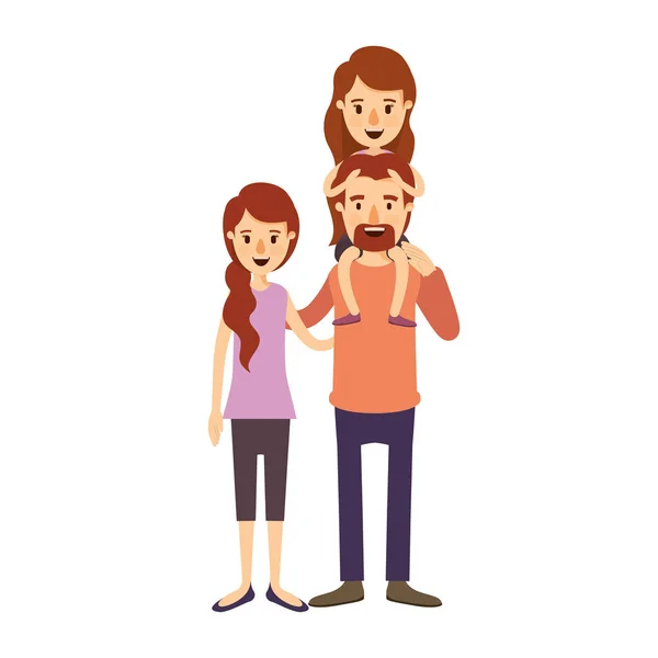 Барвисте зображення карикатурної сім'ї з матір'ю та батьком з вусами та дівчиною на спині — стоковий вектор