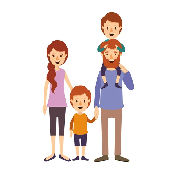 Colorido imagen caricatura familia padres con chico en su espalda y chica tomada de las manos — Vector de stock