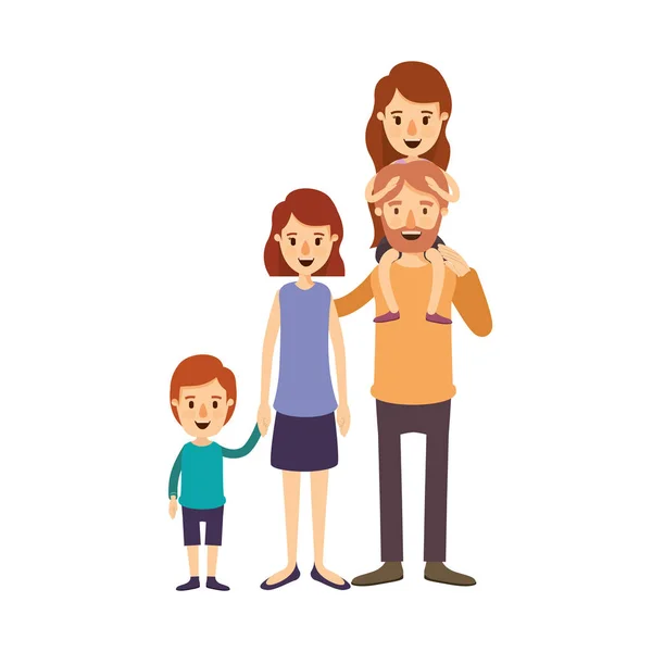 Immagine colorata caricatura grande famiglia genitori con ragazza sulla schiena e figlio prese le mani — Vettoriale Stock