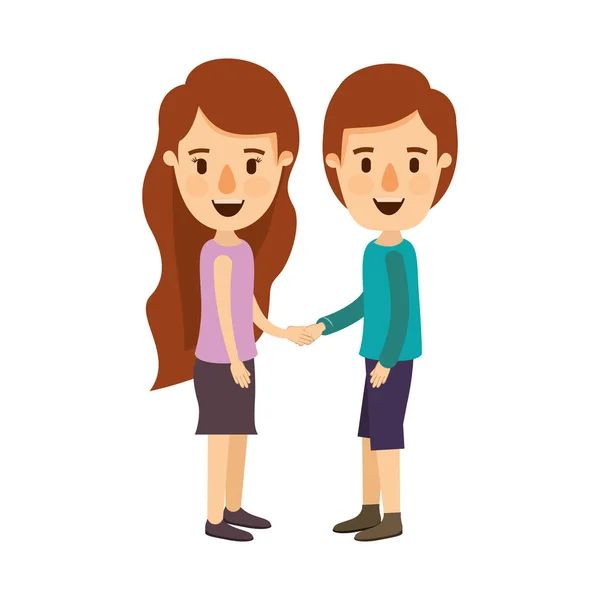 Colorful image caricature side view full body couple in casual clothing handshake — Stock Vector