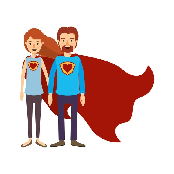 Imagen colorida caricatura cuerpo completo pareja super héroe con símbolo del corazón en uniforme — Vector de stock
