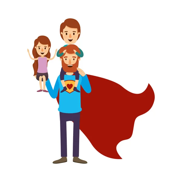 Imagem colorida caricatura corpo inteiro super pai herói com menina em sua mão e menino em suas costas —  Vetores de Stock