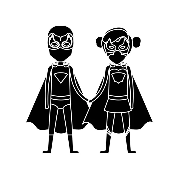 Silueta černé Nárys superhrdiny chlap a dívka s kostýmů převzatých rukou — Stockový vektor