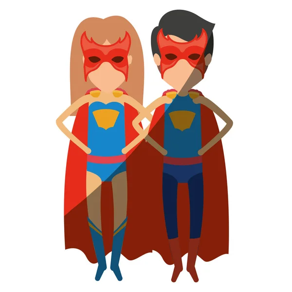 Silueta colorida con pareja de superhéroes sin rostro volando con las manos en la cintura con sombreado — Archivo Imágenes Vectoriales