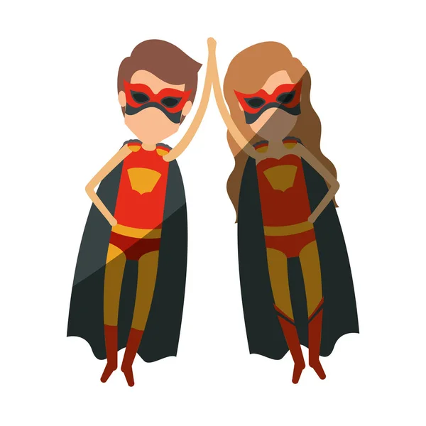Silhueta colorida com casal sem rosto de super-heróis voando e de mãos dadas com sombreamento — Vetor de Stock