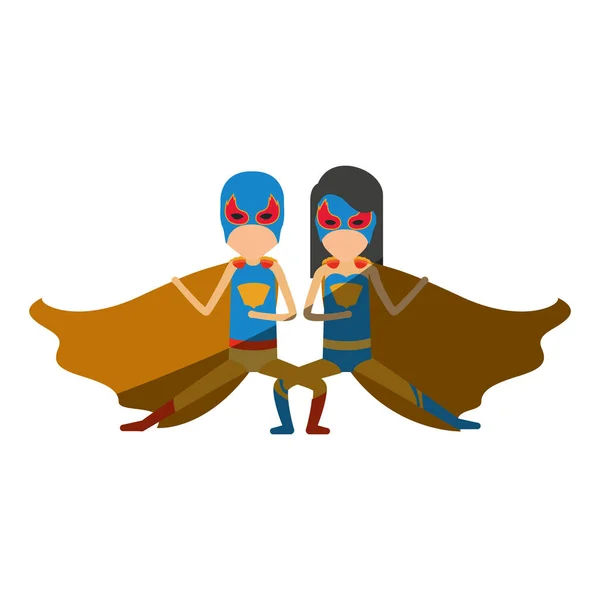 Barevné silueta s anonymní duo superhrdinové v obranné pozice a její rovné dlouhé vlasy a stínování — Stockový vektor