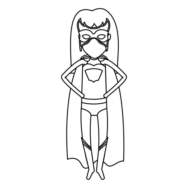 Monokrom kontur tanpa wajah wanita superhero terbang dengan tangan di pinggang Anda - Stok Vektor