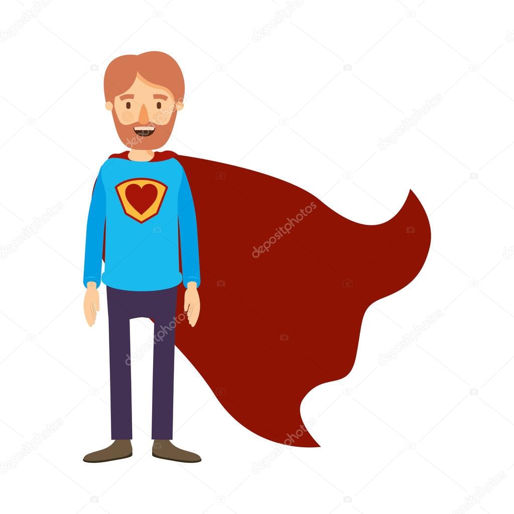 colorful image caricature full body super dad hero with beard and heart symbol in uniform