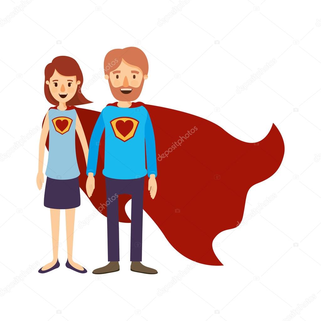 colorful image caricature full body couple parents super hero with heart symbol in uniform