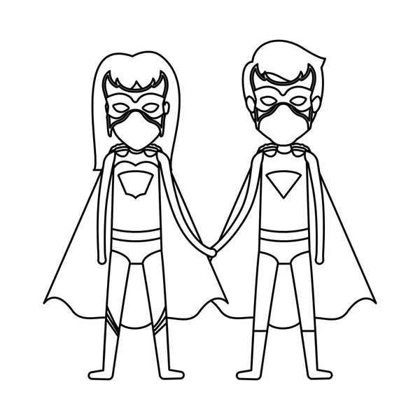 Faceless Duo superhrdinové spojené s dlouhými vlasy rukou a její černobílá silueta — Stockový vektor
