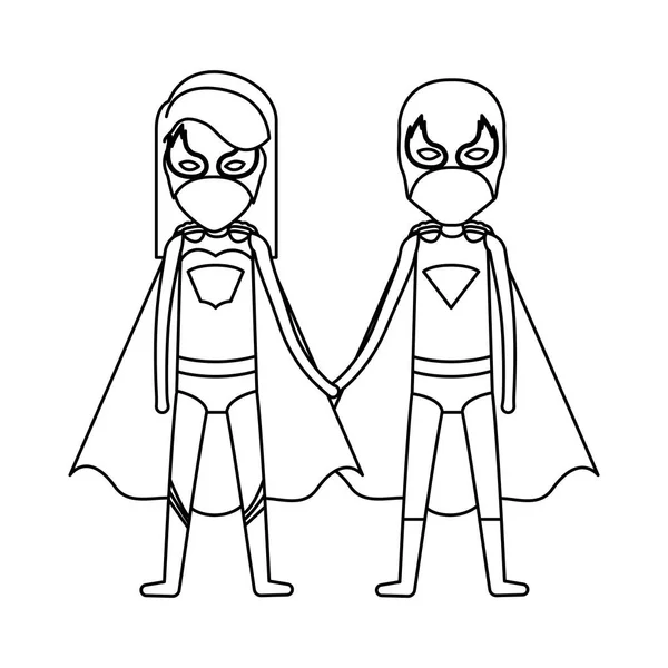 Faceless Duo superhrdinové spojené s rovné dlouhé vlasy rukou a její černobílá silueta — Stockový vektor