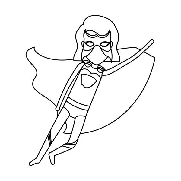 单色轮廓不露面的超级英雄在对角线方向飞行的短头发女孩 — 图库矢量图片