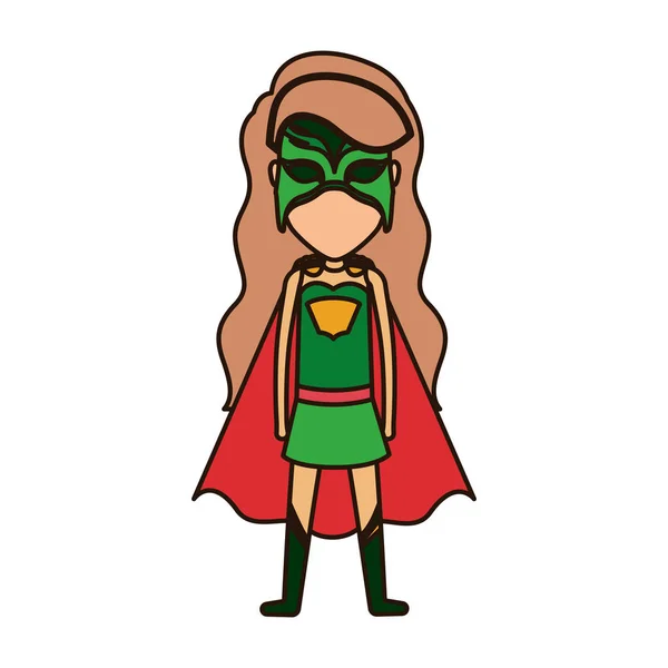 Warna-warni siluet dengan berdiri tanpa wajah gadis superhero dengan rambut panjang dan mata tertutup - Stok Vektor