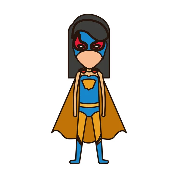 Warna-warni siluet dengan berdiri gadis superhero dengan rambut lurus pendek dan mata tertutup - Stok Vektor
