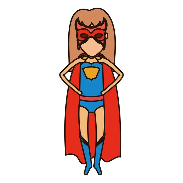 Warna-warni siluet dengan superhero wanita tanpa wajah terbang dengan tangan di pinggang dan mata tertutup - Stok Vektor