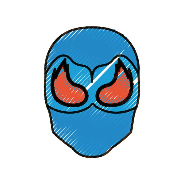 Цветной силуэт карандаша безликого человека супергероя в маске с маской пламени вокруг глаз и толстым контуром — стоковый вектор